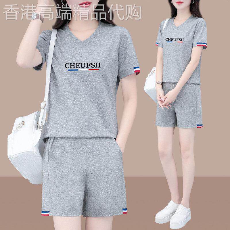 纯棉运动套装女夏装2026年新款韩版灰色V领短袖短裤休闲两件式潮