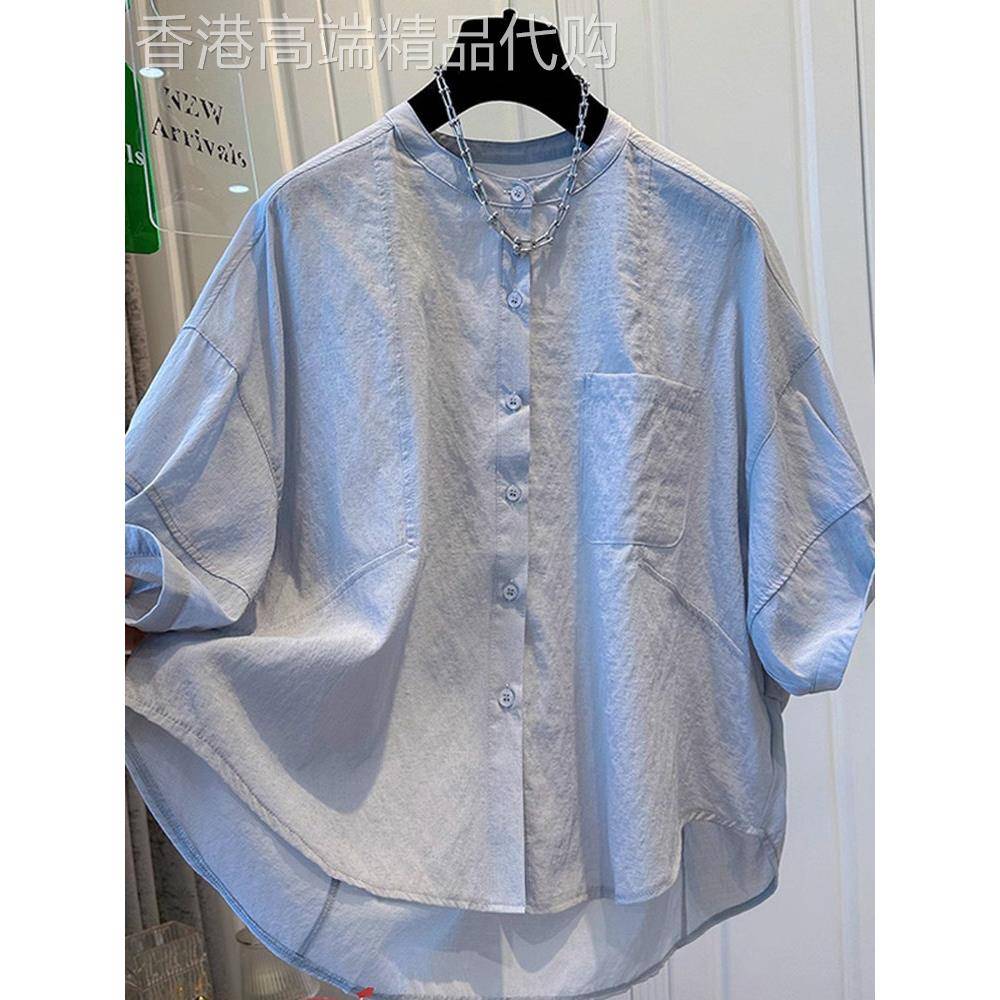 休闲短袖衬衫女夏季新款大码宽松显瘦设计感小众女士半袖衬衣上衣