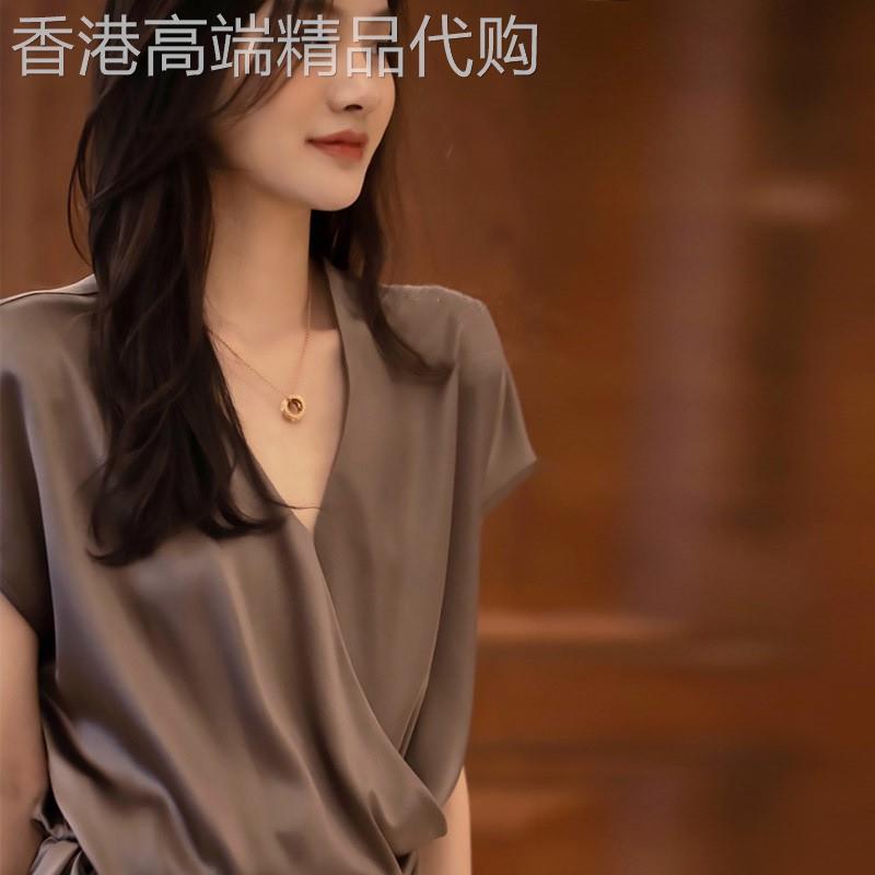 高级质感V领系带洋气上衣女2025年夏季新款设计感时尚气质百搭t恤图片
