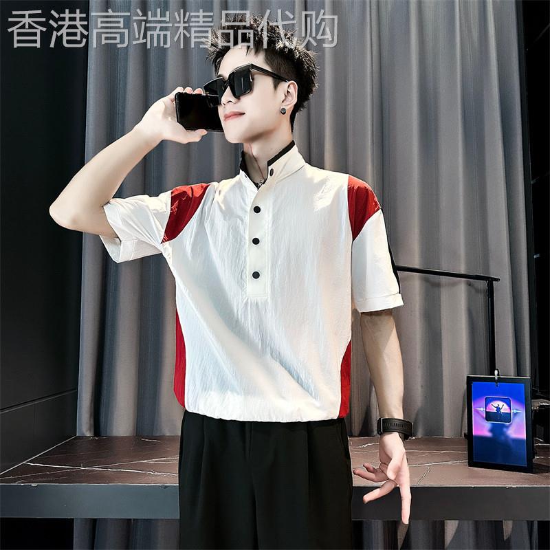潮牌撞色拼接短袖衬衫男士2026夏季薄款冰丝衬衣高级垂感中袖寸衫