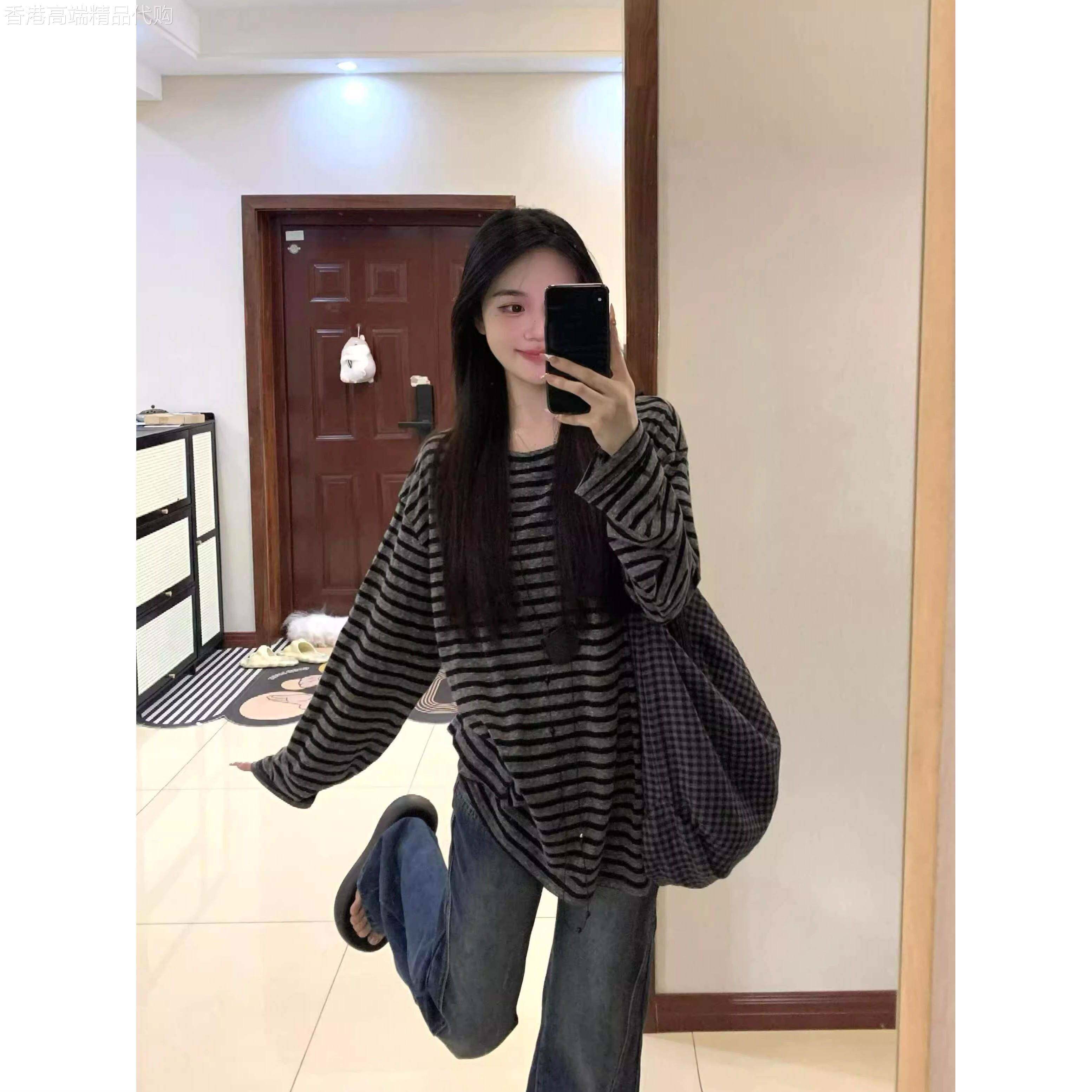 韩国撞色条纹长袖T恤上衣女早秋季2025新款松弛感慵懒风韩版宽松
