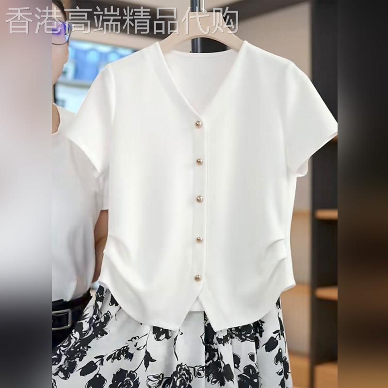 潮牌正肩短袖T恤女夏2026新款高品质v领洋气小衫收腰下摆开叉上衣