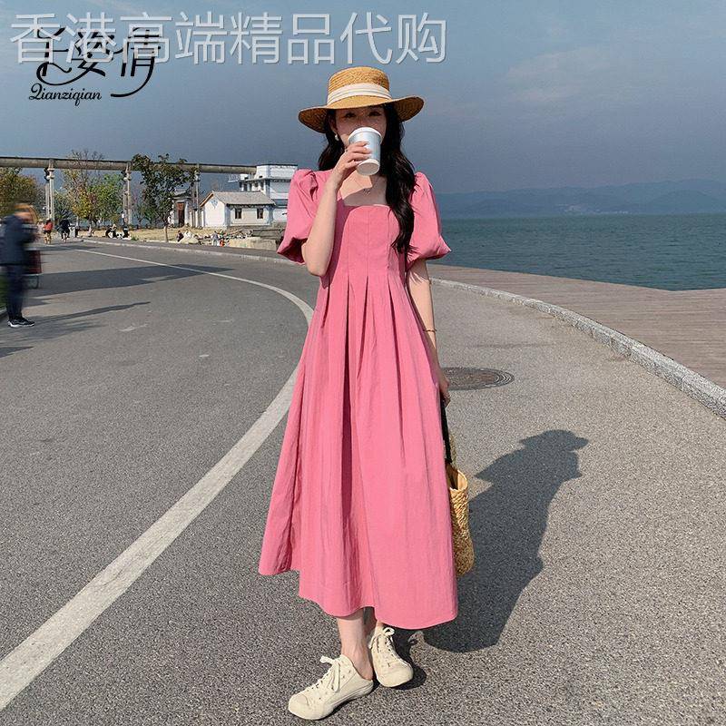 韩系温柔玫粉色洋装女夏季2026新款方领泡泡袖高腰气质显瘦长裙