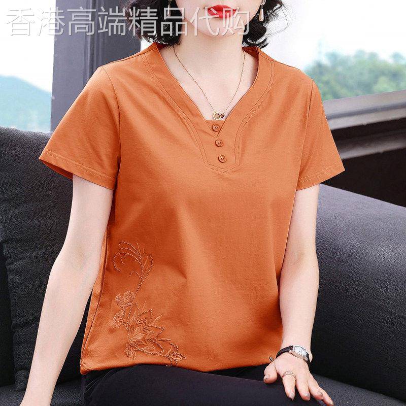 短袖t恤女2026夏季新款时尚减龄纯棉V领半袖大码宽松显瘦刺绣上衣