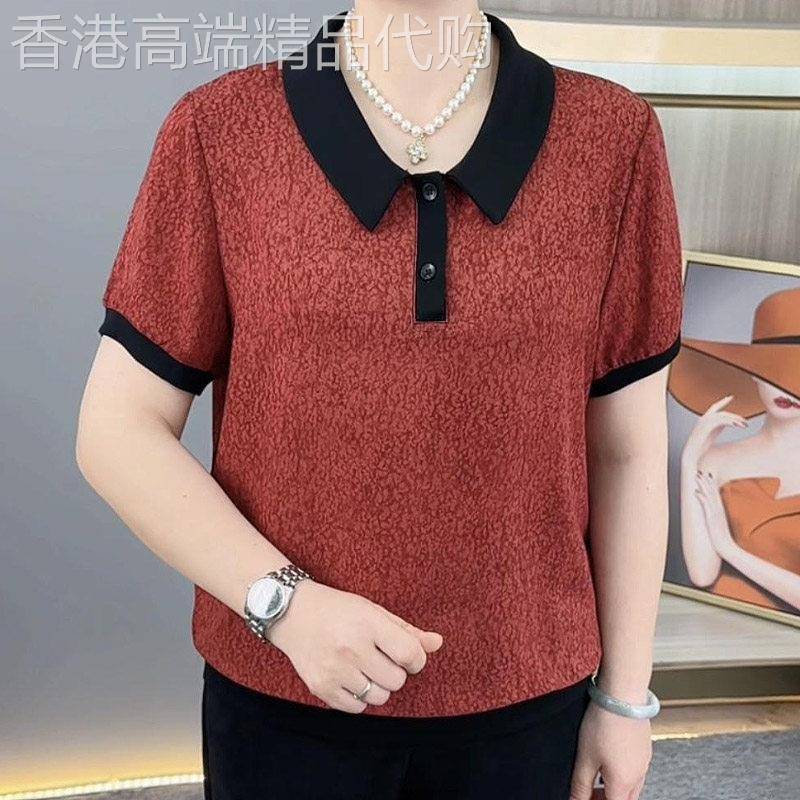 中老年妈妈翻领t恤女短袖夏季2026新款宽松大码时尚母亲减龄上衣