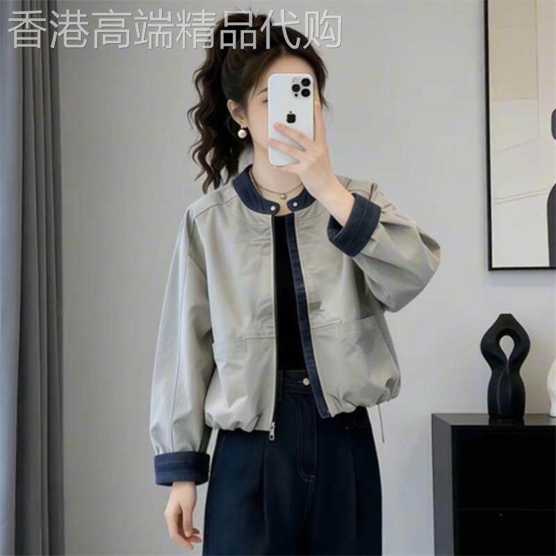 潮牌时尚牛仔拼接短款外套女秋季宽松立领显瘦棒球服韩系洋气上衣