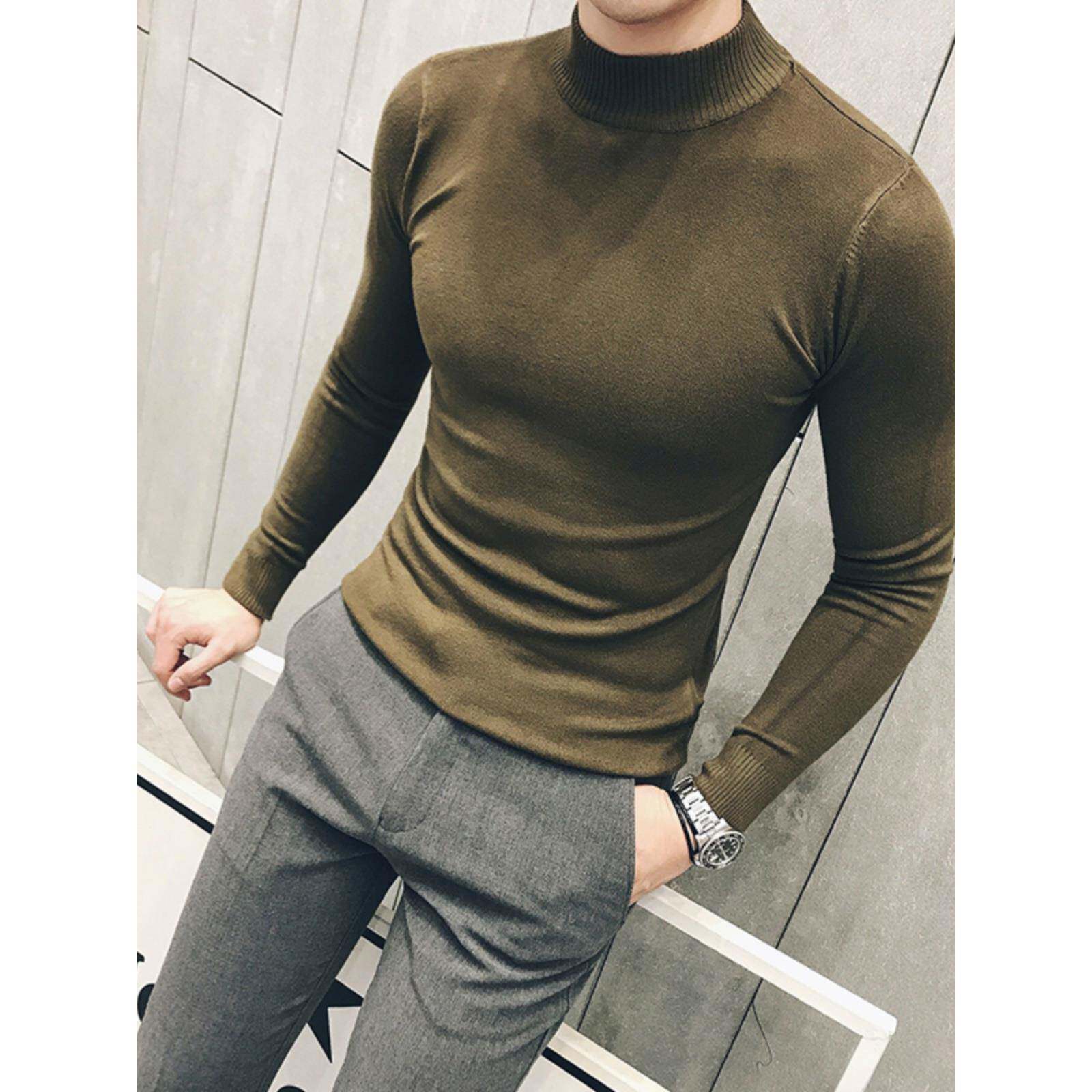 秋冬季高级感半高领毛衣男韩版修身针织衫男士潮流帅气中领打底衫