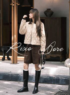 RIXO DORE法式小个子翻领菱形格棉服女新款百搭宽松薄款棉服外套