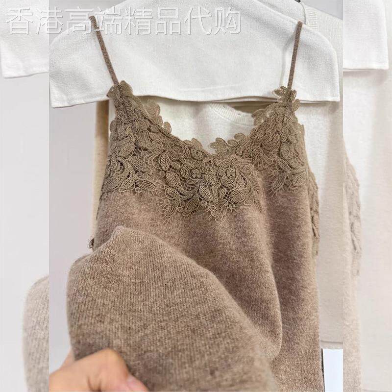 咖色蕾丝V领针织吊带背心女春秋冬欧货时尚修身显瘦百搭打底上衣