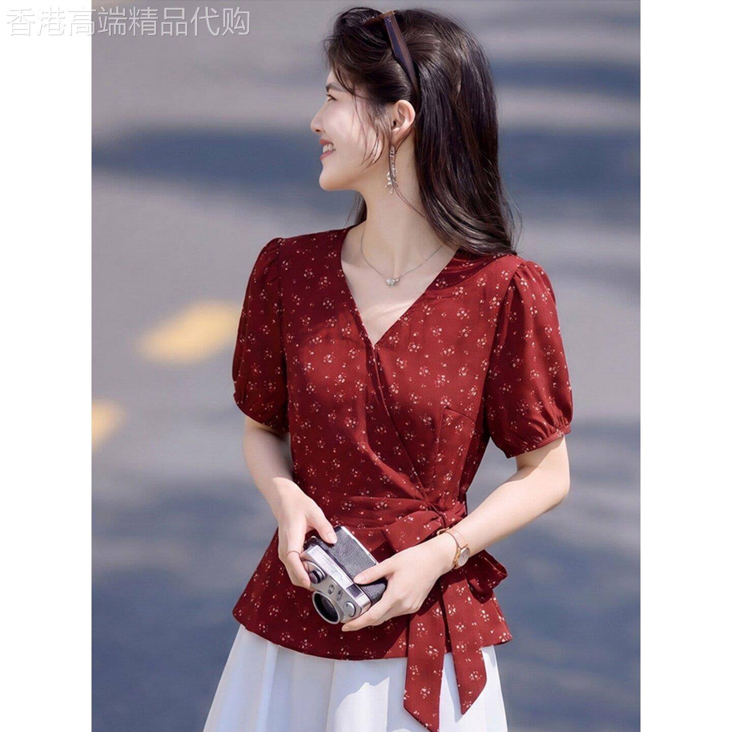 碎花短袖衬衫女夏季2026新款法式蝴蝶结绑带气质优雅修身显瘦上衣