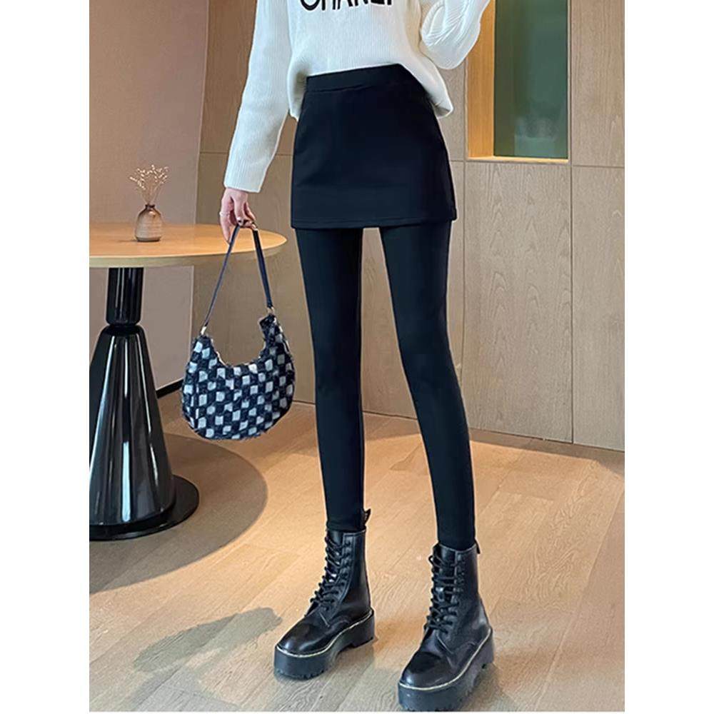 韩国秋冬假两件打底裤女外穿加绒加厚纯棉松紧高腰百搭包臀带裙裤