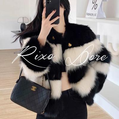 RIXO DORE法式冬季新款黑白撞色皮毛一体狐狸毛环保皮草外套时尚
