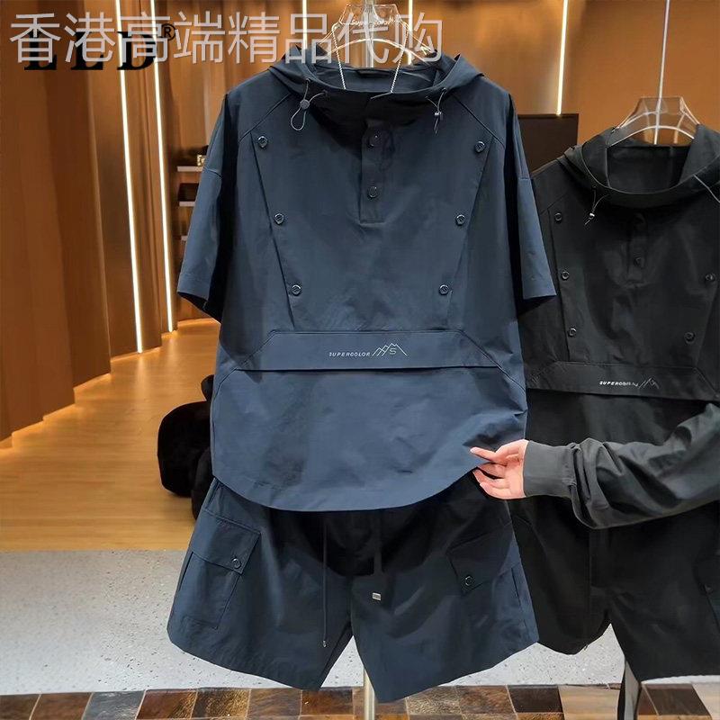 高端连帽工装套装男士夏季2026新款宽松短袖短裤一整套男款两件套