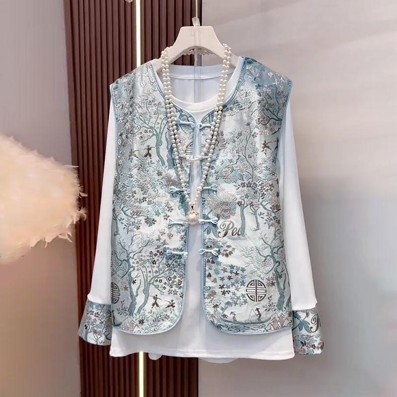 香港胖妹妹气质国风刺绣马甲2025春季新款大码女装重工上衣两件套