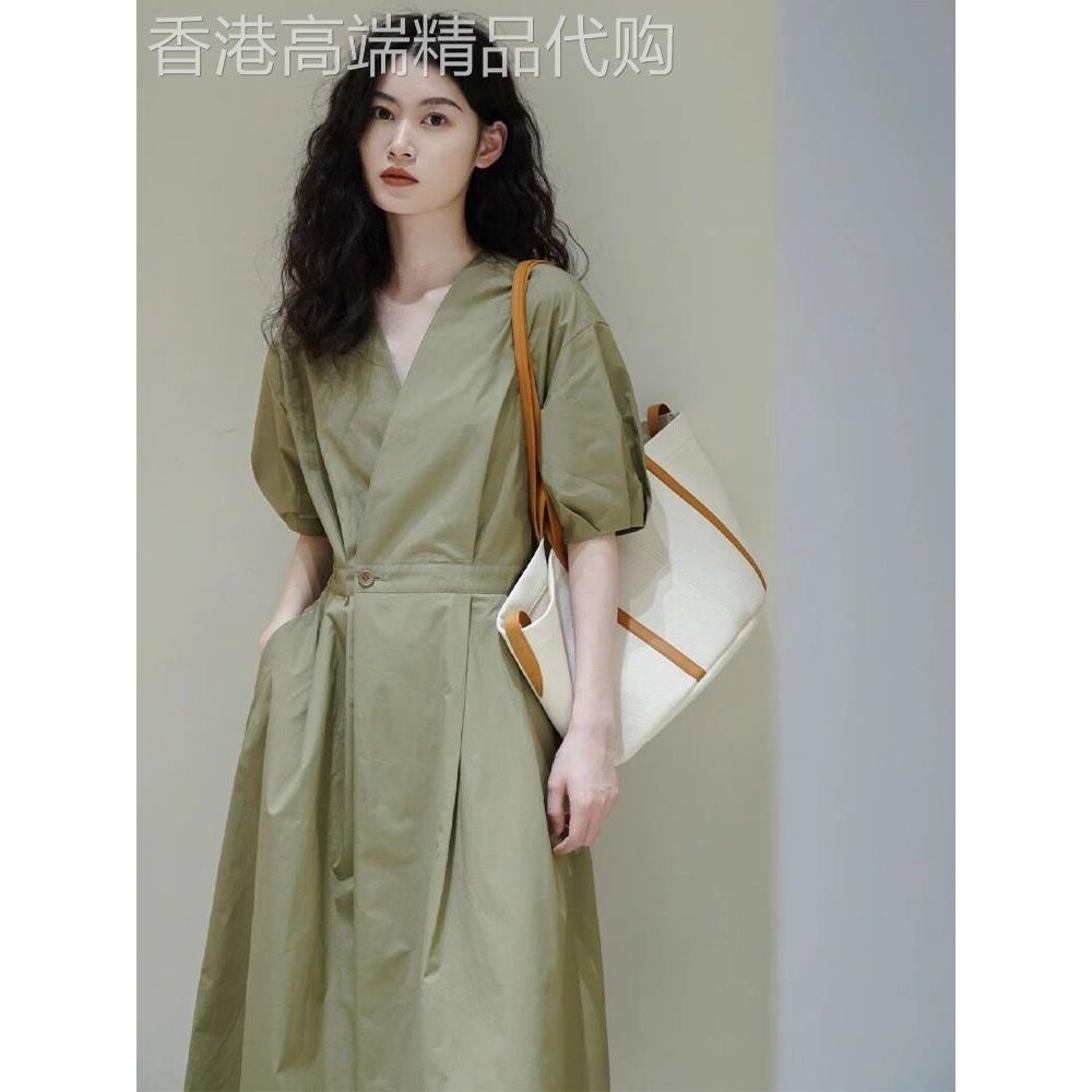 欧洲站夏季新款港味复古轻奢精致网红气质v领收腰显瘦绿色连衣裙