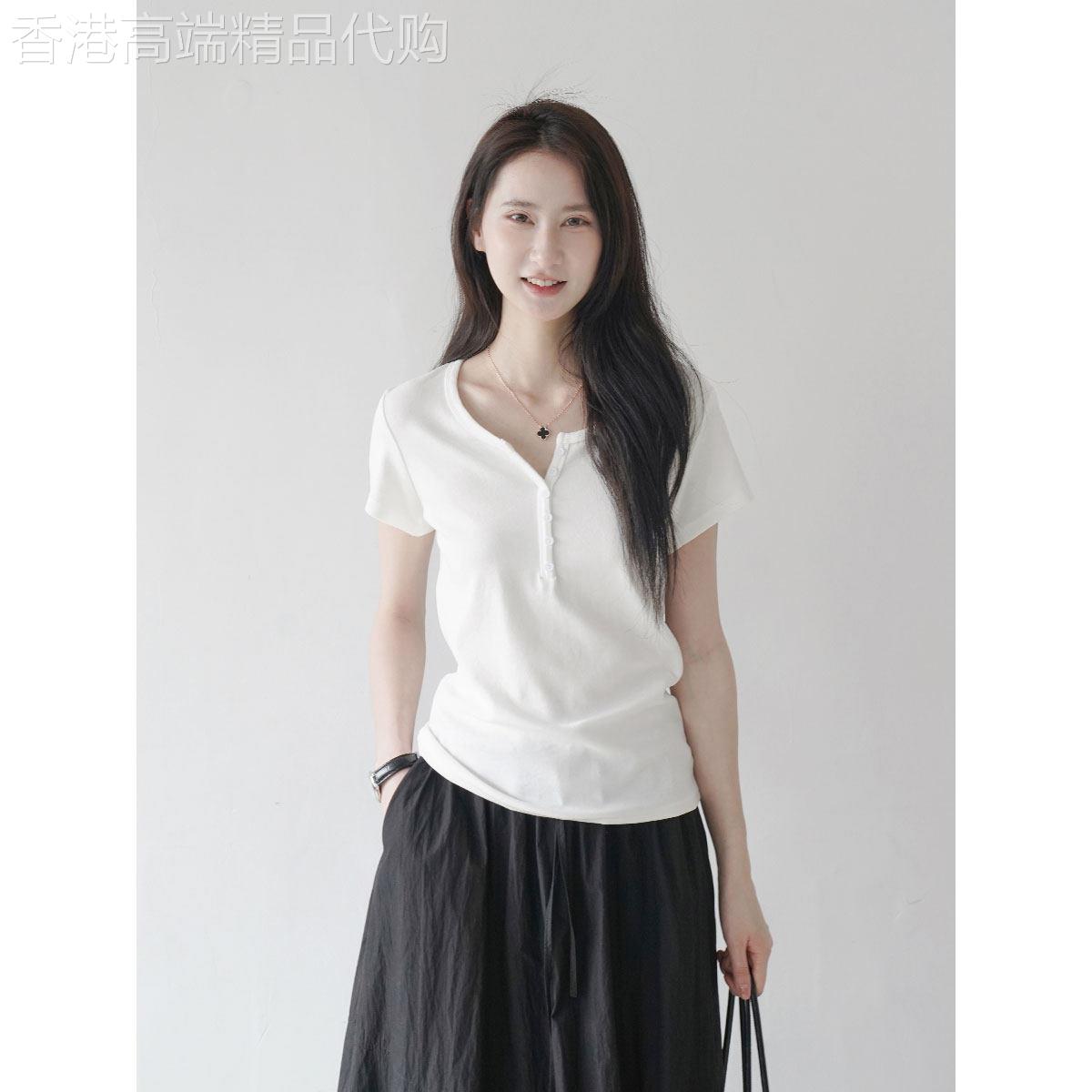白色短袖T恤女夏季薄款2026新款韩版修身显瘦气质百搭V领上衣小衫