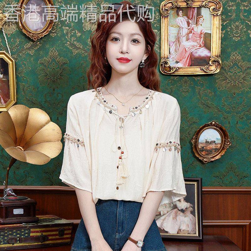 雪纺短袖衬衫女夏季薄款2026年新款中式国风宽松显瘦遮肚气质上衣
