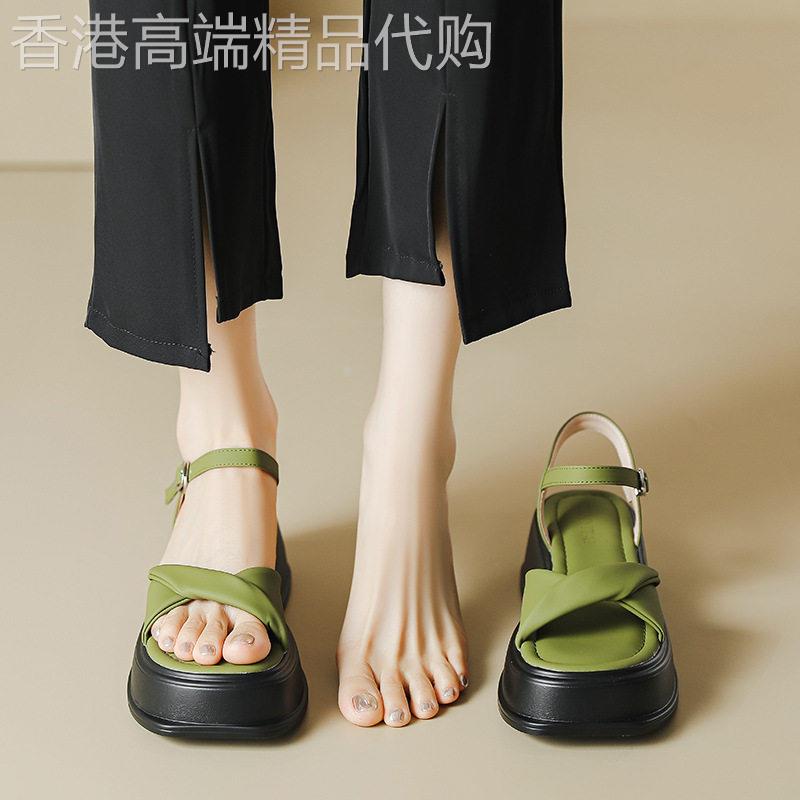 港风真皮厚底凉鞋女2026春夏小个子高跟松糕底不累脚露趾罗马凉鞋