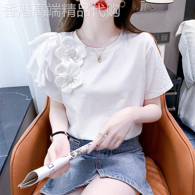 白色荷叶边短袖t恤女夏季薄款2026新款设计感小众上衣洋派小衫女