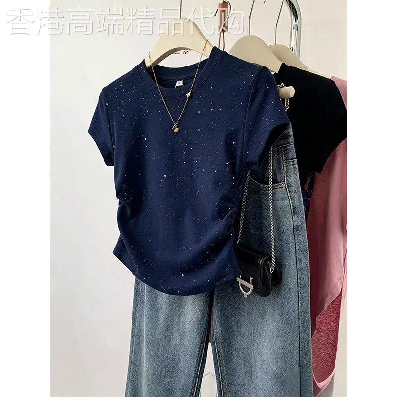满天星烫钻正肩显瘦短袖T恤女夏季设计感褶皱紧身短款纯棉上衣潮
