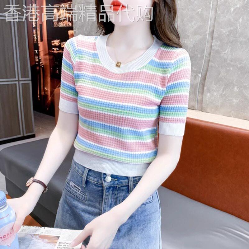 冰丝条纹短袖t恤女夏季薄款2026新款修身显瘦圆领针织半袖上衣女