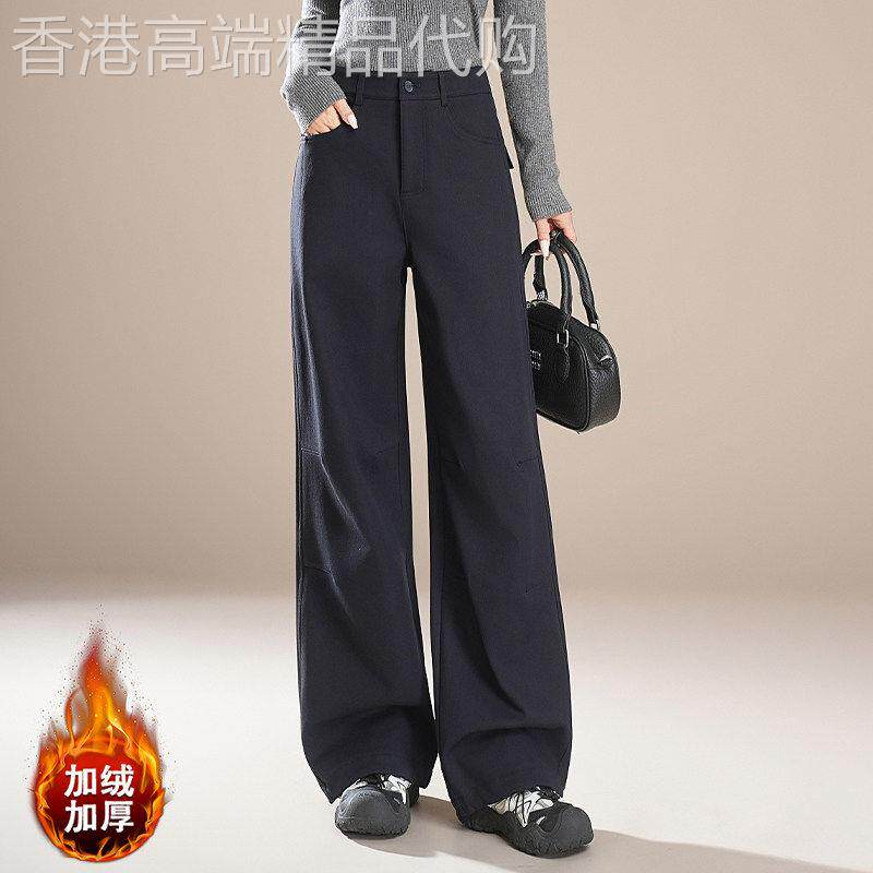 灰色工装阔腿裤女春秋冬2026年高腰宽松加绒加厚直筒运动休闲裤子