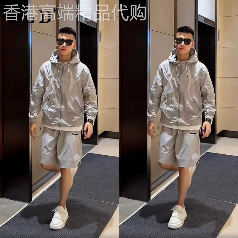 冰丝防晒套装男士夏季薄款透气连帽防晒衣速干休闲运动短裤两件套