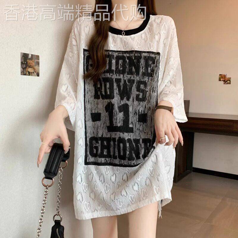 潮牌大尺码宽松正肩亮片T恤女夏季2026年新款胖mm中长版短袖上衣