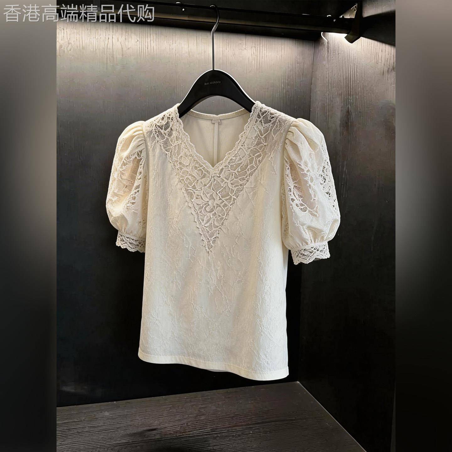 白色蕾丝V领泡泡袖上衣女2026夏季新款显瘦百搭大尺码内搭气质衬