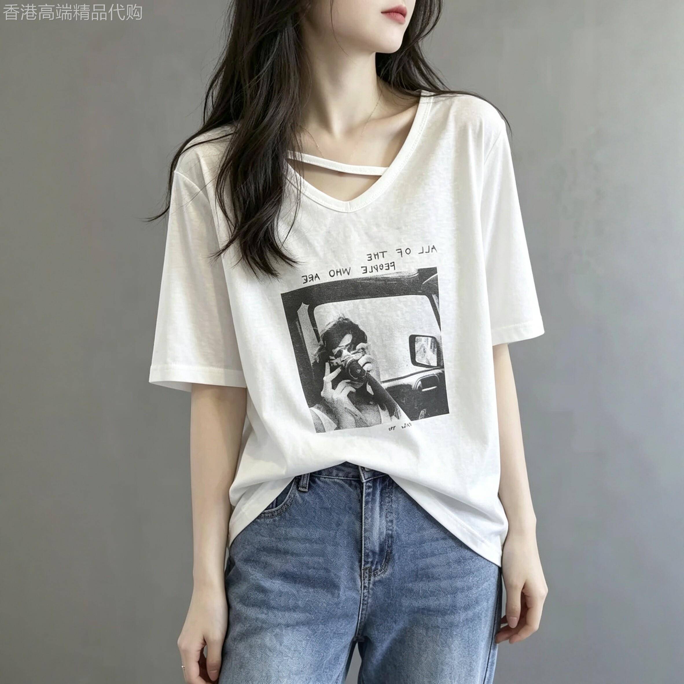 白色印花短袖T恤女夏新款斜薄休闲时尚减龄独特绝美显瘦上衣潮ins