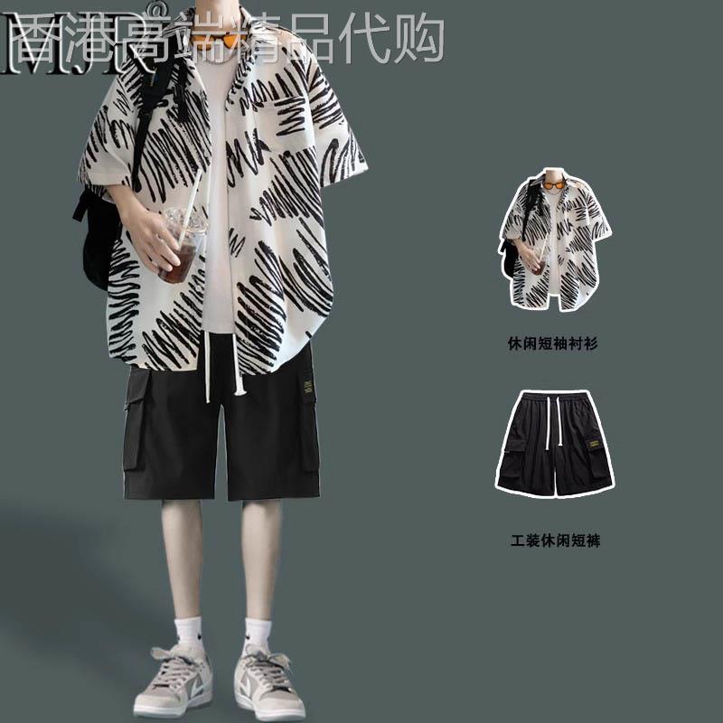 潮牌休闲短袖衬衫男沙滩穿搭海边套装男款夏季薄款宽松短裤两件套