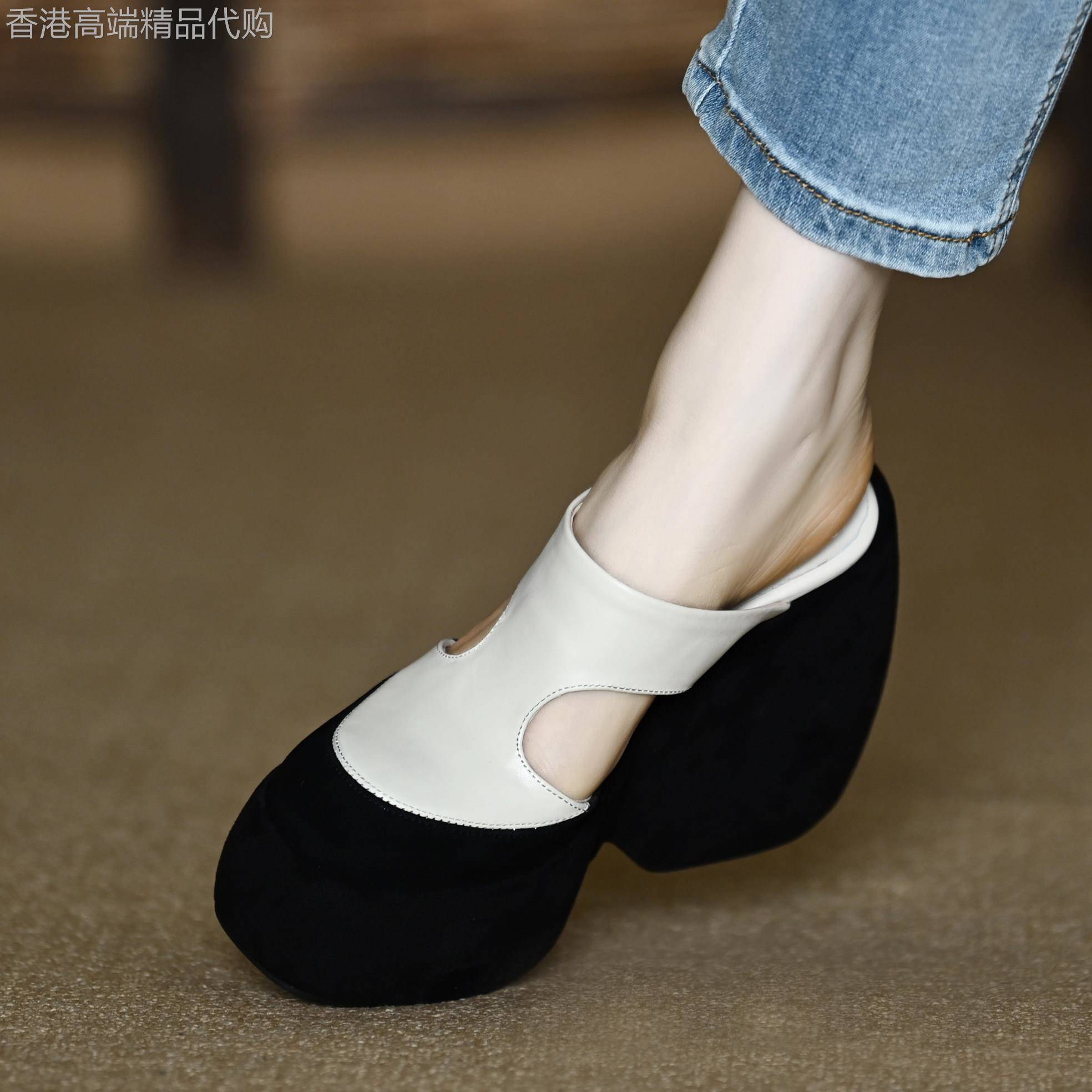 夏季10cm坡跟拖鞋女2026年新款外穿一字包头拖真皮防水台高跟凉拖