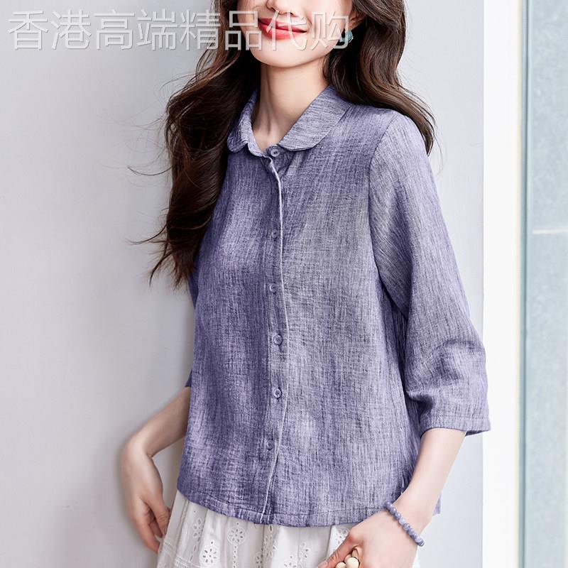 中年妈妈2026夏季新款时尚Polo领棉麻衬衫女休闲宽松七分袖薄上衣
