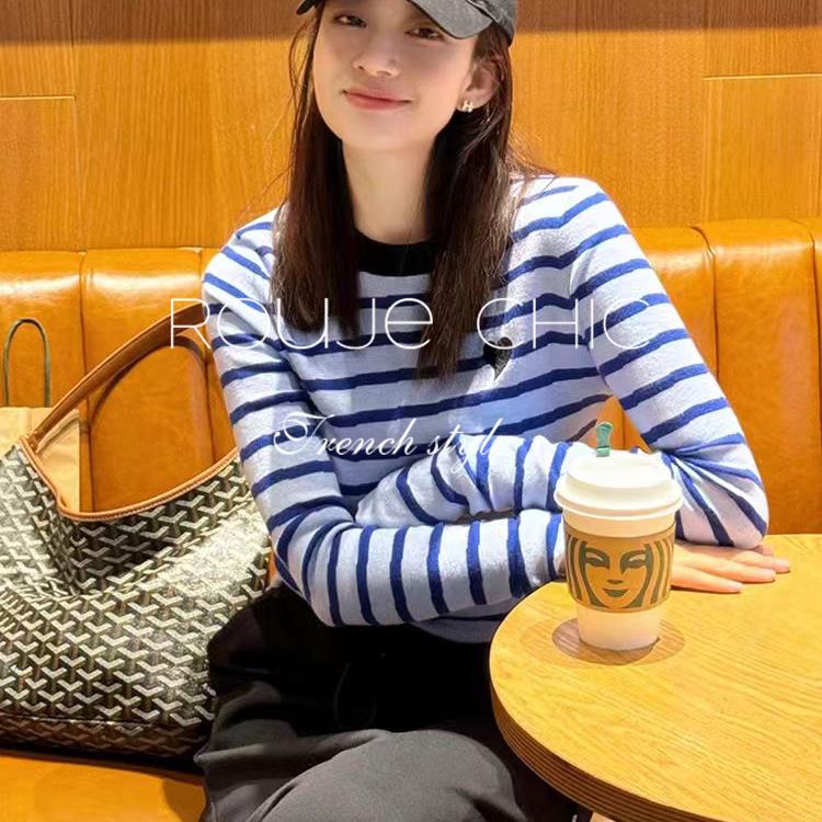 法国rouje chic法式百搭休闲风蓝色条纹修身显瘦T恤女春长袖上衣