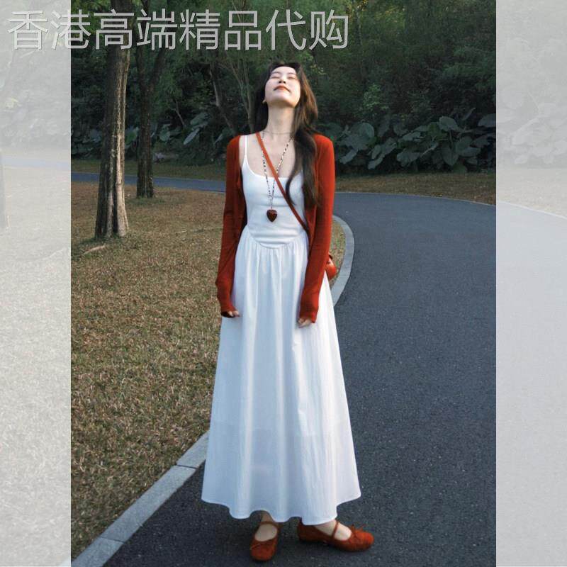 法式红色小香风毛衣外套吊带连衣裙子女秋小个子针织开衫两件套装