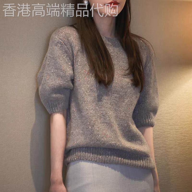 优雅精致亮丝针织衫女士秋冬欧货洋气减龄别致五分袖圆领套头上衣
