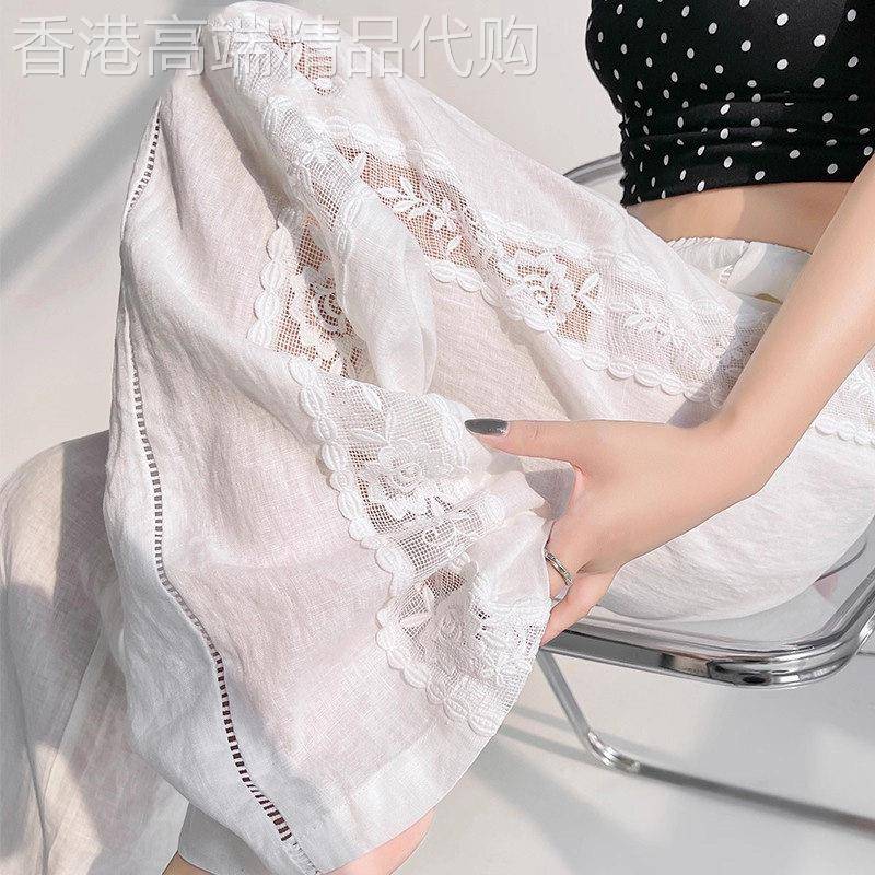 法式镂空亚麻宽裤女夏季薄款2026新款钩花蕾丝休闲裤女天丝凉感