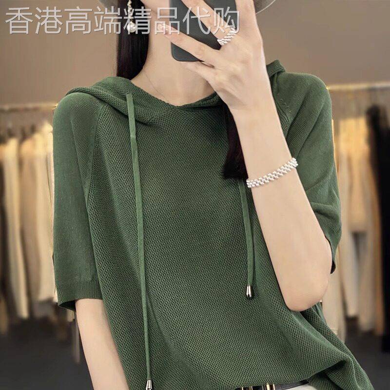 冰丝连帽短袖T恤女夏新款大码宽松时尚休闲女士针织半袖小衫上衣