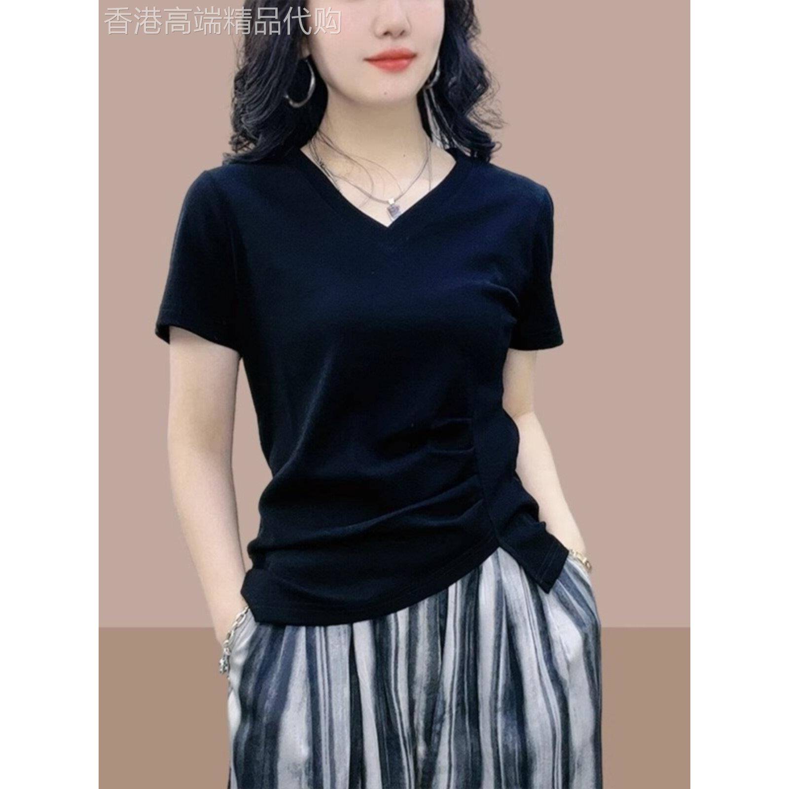 v领短袖t恤2025年夏季女性新款不对称上衣时尚风格减龄显瘦右肩t