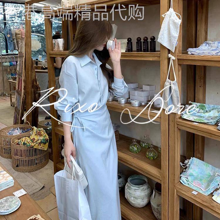 RIXO DORE法式设计感小众假两件蓝色衬衫连衣裙女收腰显瘦长裙子
