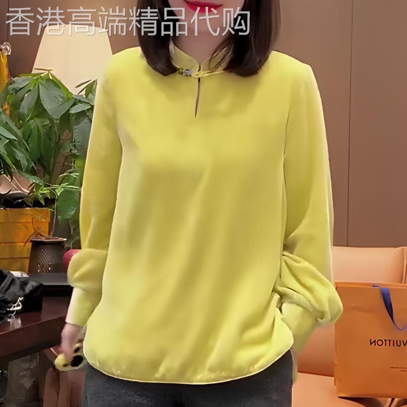 新中式国风盘扣黄色丝绒上衣女2026春季新款时尚百搭高级感打底衫