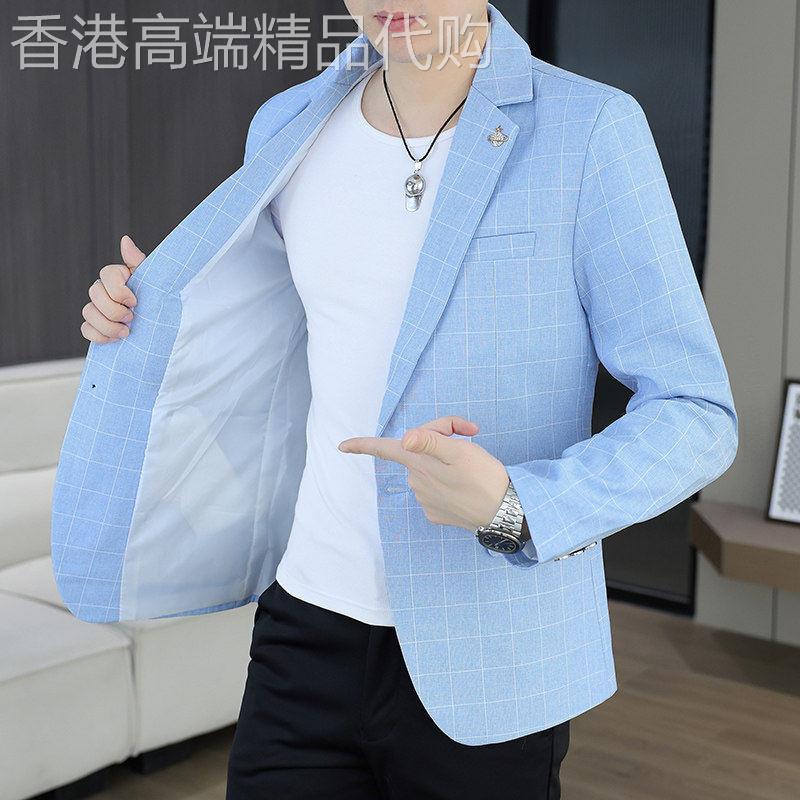 潮牌韩版格子西服潮流男士修身外套帅气上衣服休闲青年单西装男装
