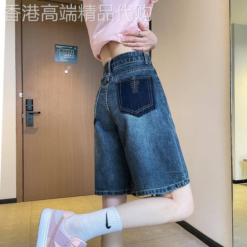 高腰五分牛仔裤短裤女2025夏季薄款宽松显瘦复古撞色直筒5分五分