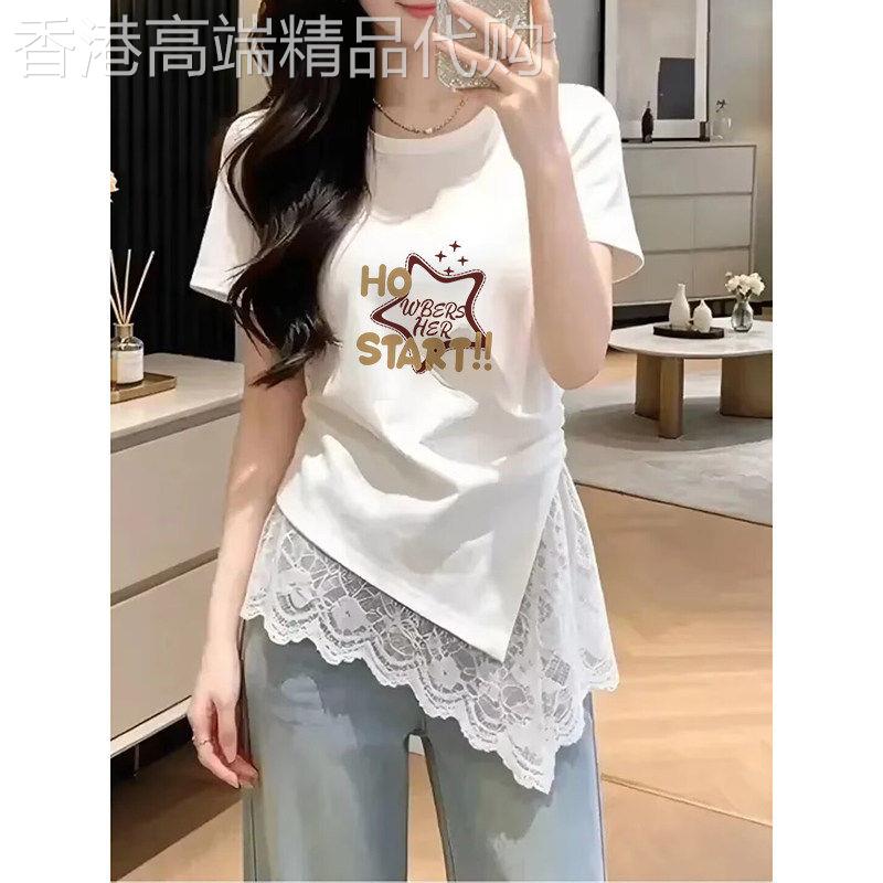 美式正肩白色超薄卡通上衣蕾丝拼接不规则下摆设计感打底衫T恤女