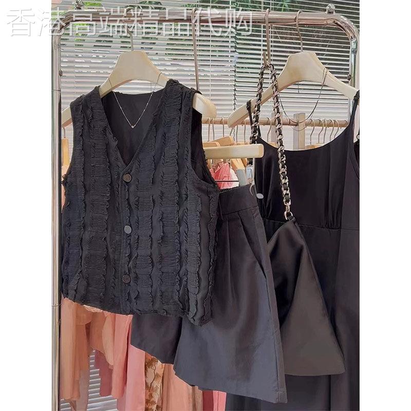 肌理感黑色V领马甲背心女夏季欧货高级感时尚气质设计感无袖上衣
