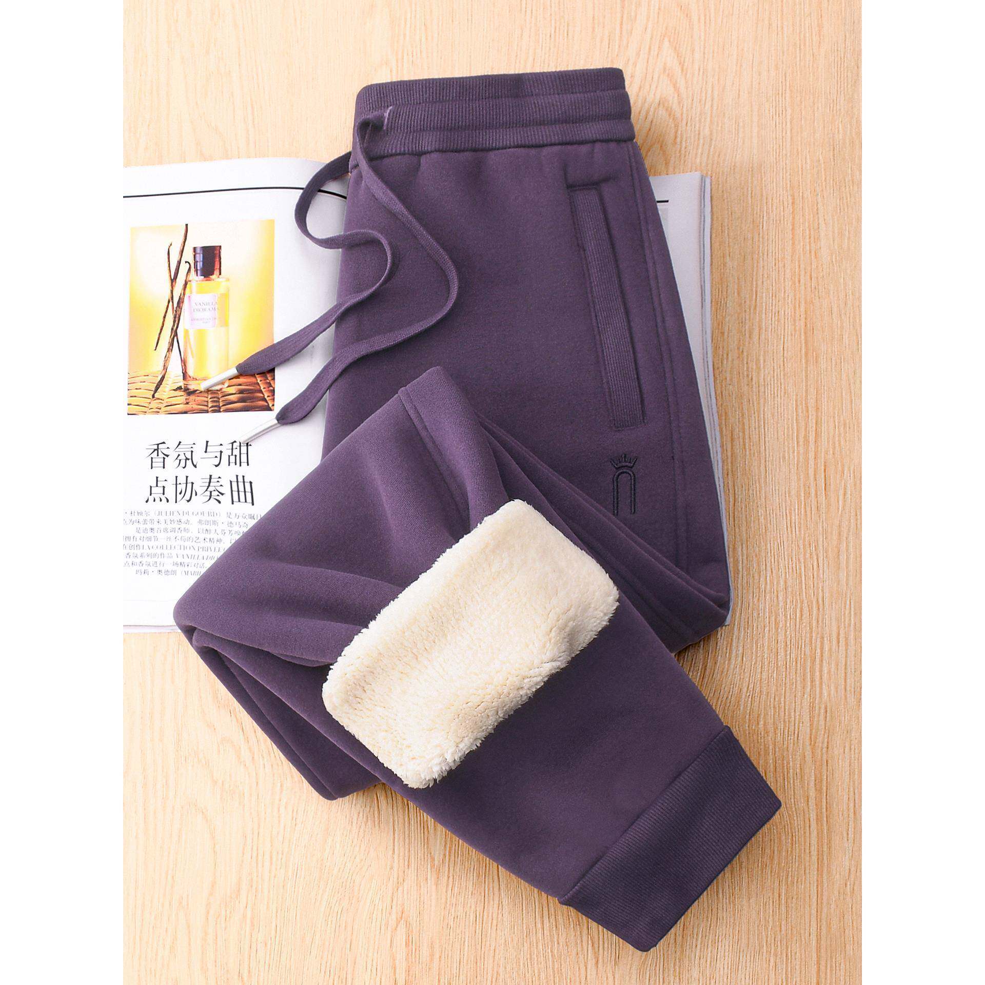 洋气紫色加绒加厚羊羔绒运动卫裤女秋冬高腰大码萝卜休闲束脚裤