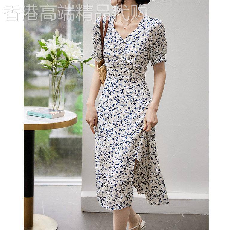 日系轻奢真丝亲肤里布泡泡袖连衣裙夏季碎花桔梗桑蚕丝短袖长裙女