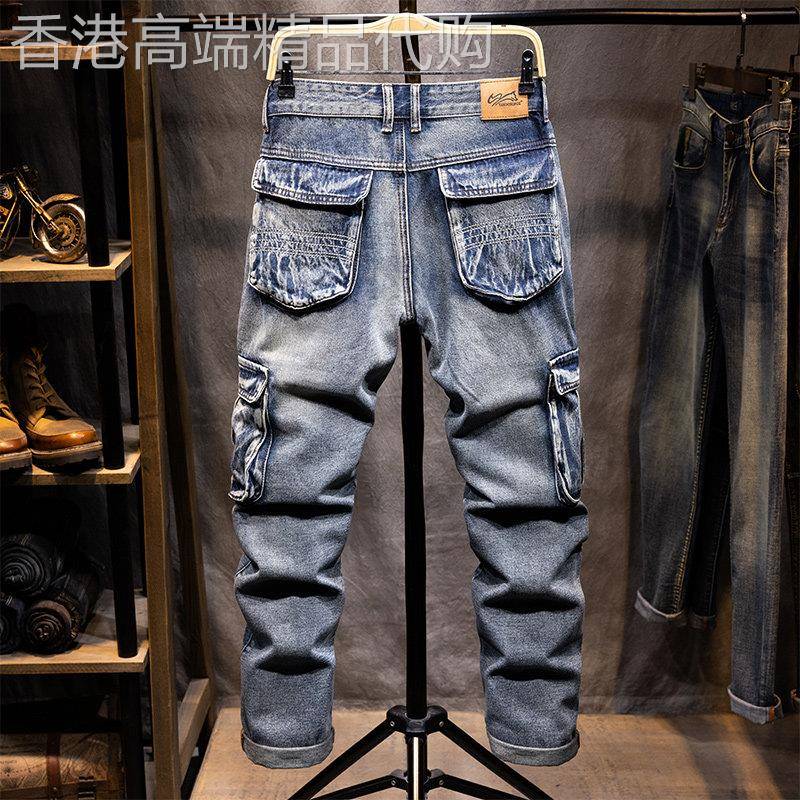 2025春秋宽松大码直筒多口袋覆古牛仔裤男士潮牌厚款多兜工装裤子