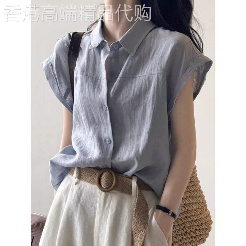 蓝色亚麻短袖衬衫女装2026夏季新款高级感通勤衬衫1/4吋套筒扳手