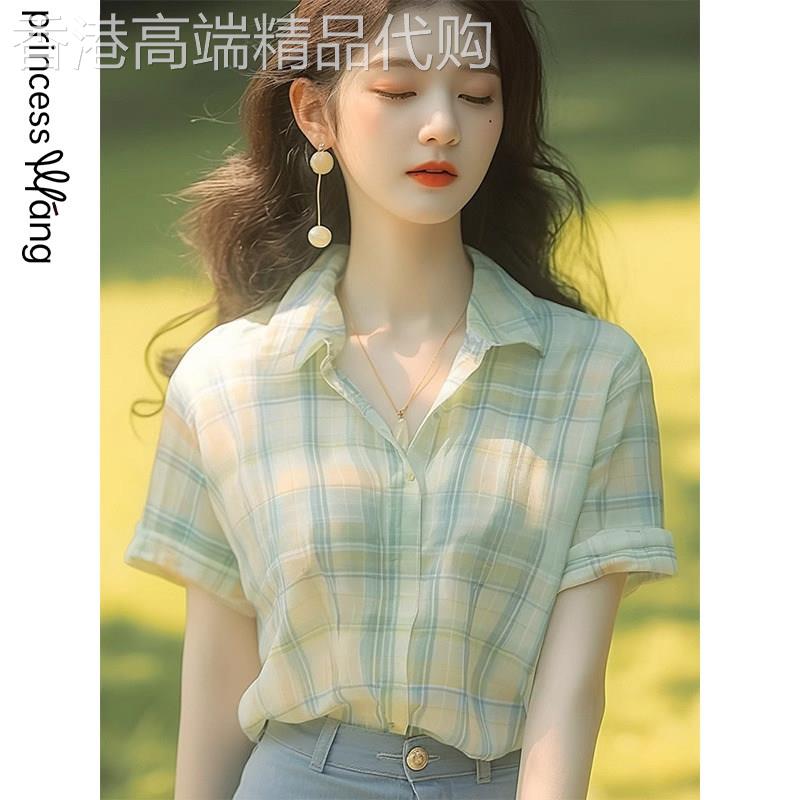 复古绿格纹衬衫女夏季薄款2026新款洋派别致短袖上衣时尚气质衬衫